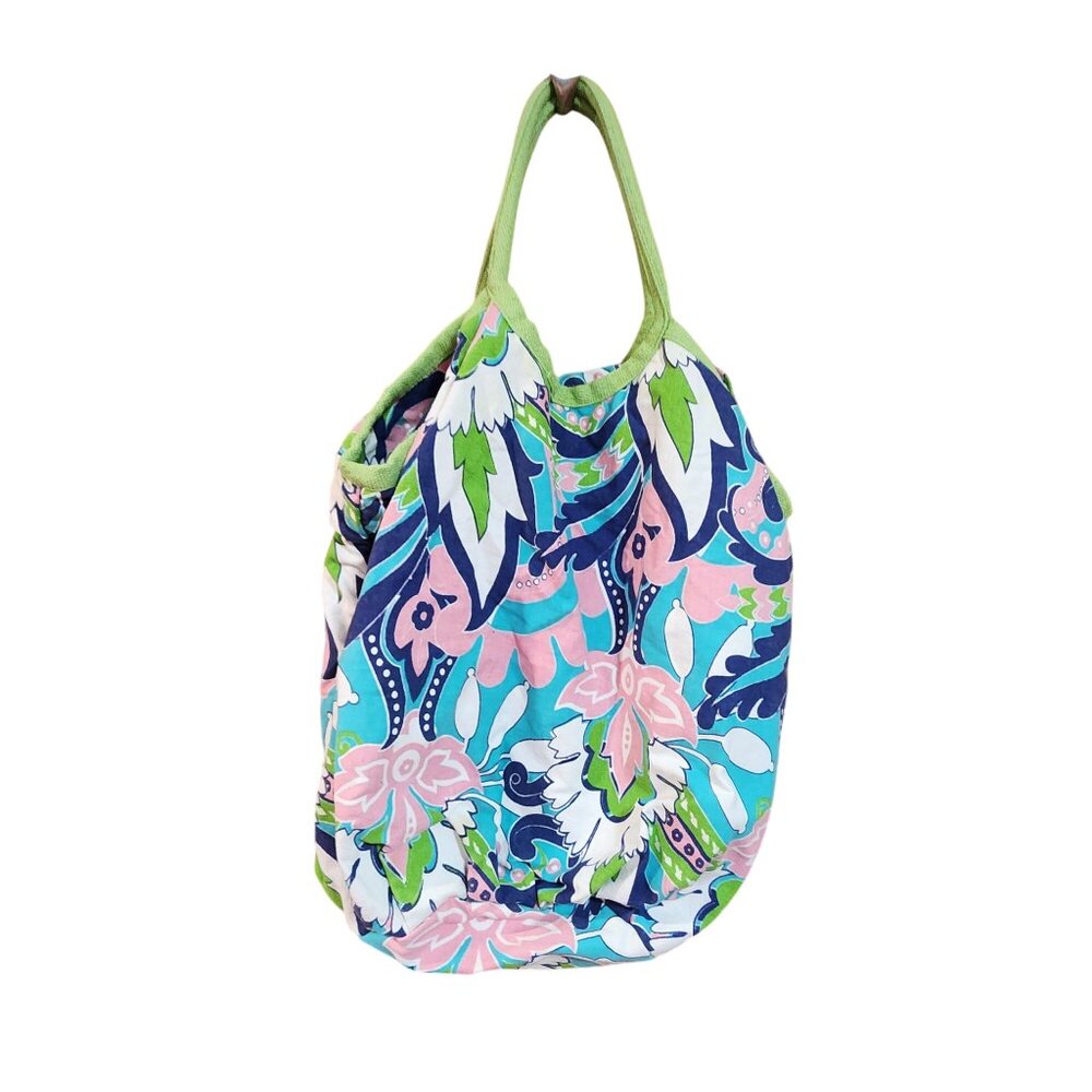 Floral Print Canvas Tote Bag With Green Handles & Inner Zip Pocket McBeth Collec